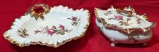 2 Pc Pink Moss Rose Gold Ruffled Edge - Candy Dish & Footed Trinket Dish w/Lid picture