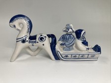 Vintage Gzhel USSR Porcelain Horse Sleigh Family Handpaint Folk Art Blue Winter picture