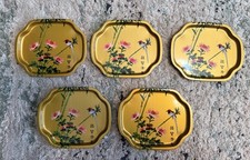 Vintage Set of 5 Metal Trays Beautiful Bird Flowers 7.5” x 6” Made in Hong Kong picture