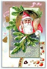 c1905 Christmas Greetings Santa Claus Ringing Bells Posted Antique Postcard picture