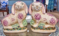 Pair: Hand Painted Porcelain Reproduction Staffordshire Hares.Raspberry Pink-8