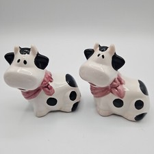 Vintage Ceramic Cow Salt & Pepper Shakers Set Farmhouse Black White Pink Scarf picture