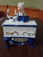 Antique Porcelain Blue and White Victorian Lady at Piano Figurine 6