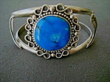 Southwestern Native American Rich Blue Turquoise Sterli Silver Feathers Bracelet picture