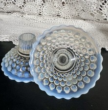 Vintage Opalescent Hobnail Moonstone Candle Holder Set White picture