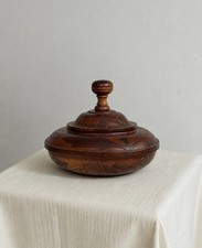 Vintage Hand Carved Wooden Lidded Bowl | Folk Art Floral Bird Motif Treen Dish picture