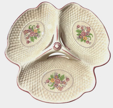 VINTAGE JAPAN K MARK DIVIDED RELISH DISH, FLORAL BASKETWEAVE 3-SECTIONS, 7.5
