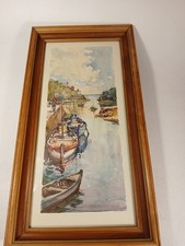 1940s Marc Nicolas Markovitch chromolithograph, boats coast, Stehli Bros 25 x 13 picture