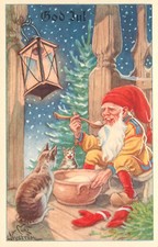 God Yul Swedish Christmas Postcard Curt Nystrom Tomte Gnome & Cats Eat Porridge picture