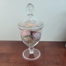 Victorian Clear Glass Covered Compote with Handpainted Enamel Flowers picture