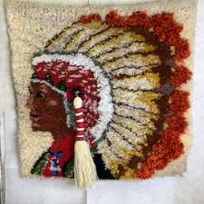 BEAUTIFUL VINTAGE 'INDIAN CHIEF ' LATCH HOOK COMPLETED WALL DECOR 34x34” picture