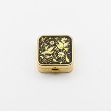 Vintage Spanish Damascene Square Pill Box Toledo Gold Bird Floral Inlay 1.25” picture