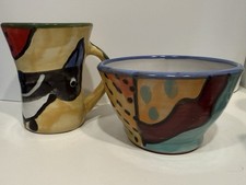 Stephen Kilborn Pottery Hand Painted Ceramic Mug & Bowl Set New Mexico Folk Art picture