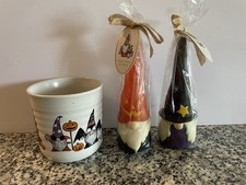 Halloween  🎃 Gnome Candle With Jack O Lantern Witch Hat Set Of 2 W/ Planter Pot picture