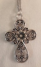 Lacy Openwork Rhinestone Fluted Floral Center Cross Silvertone Pendant Necklace picture