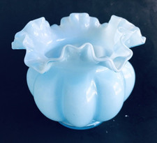 SPECIAL FENTON BLUE OPALESCENT MELON OVERLAY RUFFLED RIM VASE 6