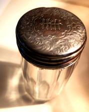 1902 British G.B. Crystal Vanity Jar w. Sterling Silver Repousse Lid , monogram picture