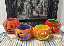 Set of 4 Ceramic Jack-o'-Lantern Pumpkin Tealight Candle Holders Halloween picture