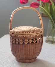 Vintage Handwoven Bamboo Wicker Lidded Basket w Arched Handle 10-1/2