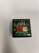 Vintage Miniature Russian Lacquer Black Hand Painted Trinket Box Red Interior picture