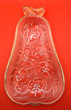 Pressed Glass Pear Dish 8” Floral Pattern Gold-Tone Trim Trinket Bowl picture