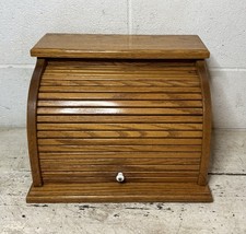 VTG Wooden Oak Wood Roll Top Bread Box Porcelin  Handle Farmhouse Country Granny picture