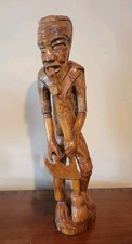 Vintage Hand Carved Wood Folk Art Sculpture Man with Shovel & Broom Large 23