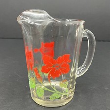 Vintage Glass Pitcher 20 oz Heavy Panel Red Flowers Green Leaves Juice Ice Tea picture