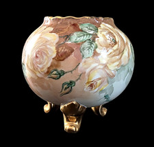 Vintage Porcelain Gold Footed Round Vase Hand Painted Florals Bavaria Signed picture