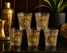 Vintage Hazel Atlas Aztec Gold Medallion Shot Glasses Set 5 MCM Mayan Barware picture