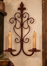 Primitive Red Metal Double Candle Wall Sconce Fleur de Lis Scrollwork  picture