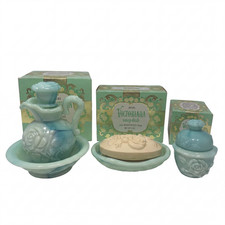 Vintage AVON Victoriana Milk Glass Green Moonwind Pitcher Bowl Soap Dish Sachet picture