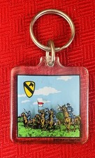 Vtg 3D 1st Cavalry Division Keychain US Army Horses Double Sided Acrylic 1990s picture