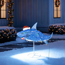 3 FT LED SHARK IN SANTA HAT TINSEL LIGHTED OUTDOOR YARD DECOR picture