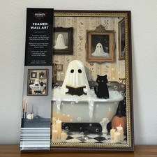 Aldi Halloween Ghost Reading Book in Bathtub with Black Cat Framed Wall Art NIB picture