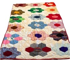 Vtg Grandmothers Flower Garden Quilt Double Knit Polyester/ Cotton Back 59x86 picture