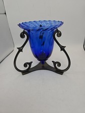 VTG PartyLite Soliloquy Cobalt Blue Glass Candleholder & Metal Base picture