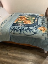 Vintage Blue Blanket Reversible Plush Floral 86x90