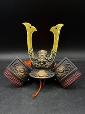Kabuto Samurai Helmet Cast Iron Japanese Brass Dragon Shishi Ornament picture