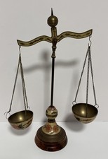 Vintage Brass Balance Scale with Floral Enamel Hanging Bowls Wood Base/Read picture