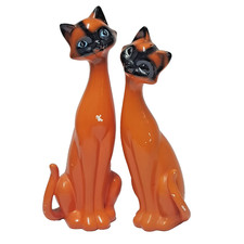 MCM Vintage Rare XL 32cm Siamese Cats Pair Ceramic c1960s Japan orange retro picture