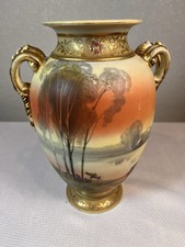 STUNNING NIPPON HAND PAINTED & ENAMELED SCENIC HANDLED VASE - CIRCA 1900 picture