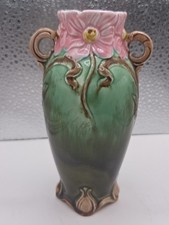 Vintage Art Nouveau Majolica Floral Pottery Bud Vase 5” France Pink Green picture