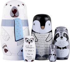 5Pcs Russian Matryoshka Dolls Handmade Wooden Polar Bear Penguin picture