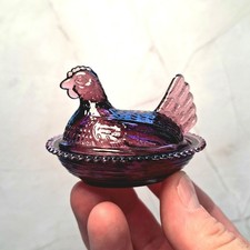 Indiana Style Glass Mini Hen On Nest Chicken Salt Dish, Purple Amethyst picture