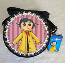 Loungefly Coraline Round Crossbody Bag Adjustable Strap Black Pink Yellow picture