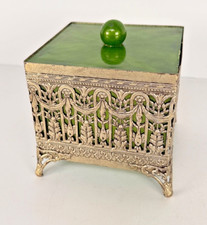 Vintage Green Lucite Footed Trinket Art Deco Vanity Filagree Box FANCY picture