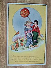 HALLOWEEN Boy Girl w/ Jack-O-Lantern on Stick & Goblins vintage Whitney Postcard picture
