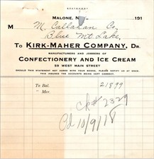 Kirk-Maher Co. 1918 Business Statement Malone NY Confectionery Invoice picture