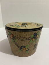 1920s Hotta Yu Shoten Japan Beige Grease Jar &Lid Ceramic Pot Floral Basketweave picture